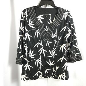 Talbots Womens 10 Black Floral Bamboo Leaf 3/4 Sleeve Side Zip Tunic Blouse